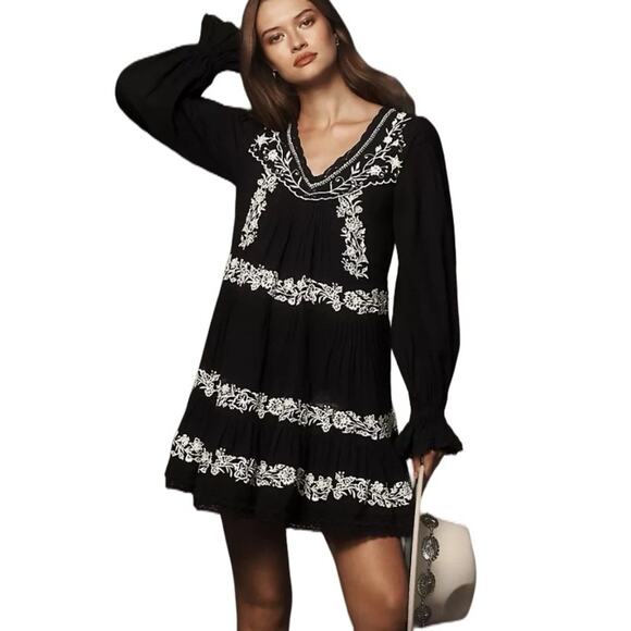 Anthropologie Dresses & Skirts - Anthropologie Long Sleeve Black Embroidered Lace Trim Swing Dress size XXS